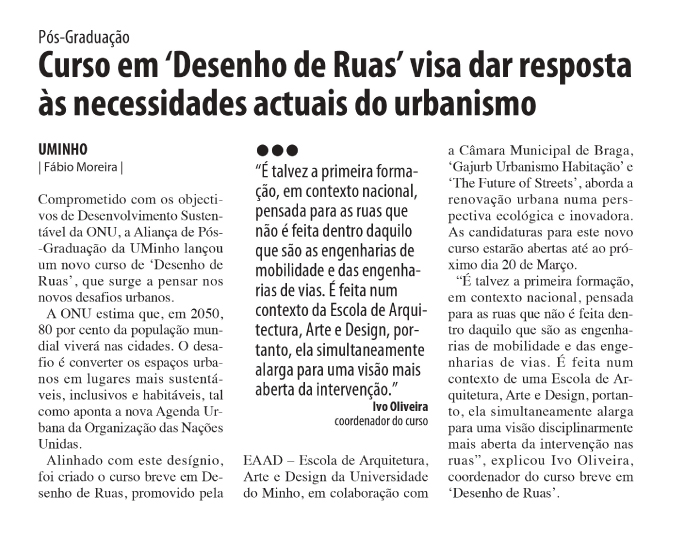Curso em Desenho de ruas visa dar resposta às necessidades atuais do urbanismo